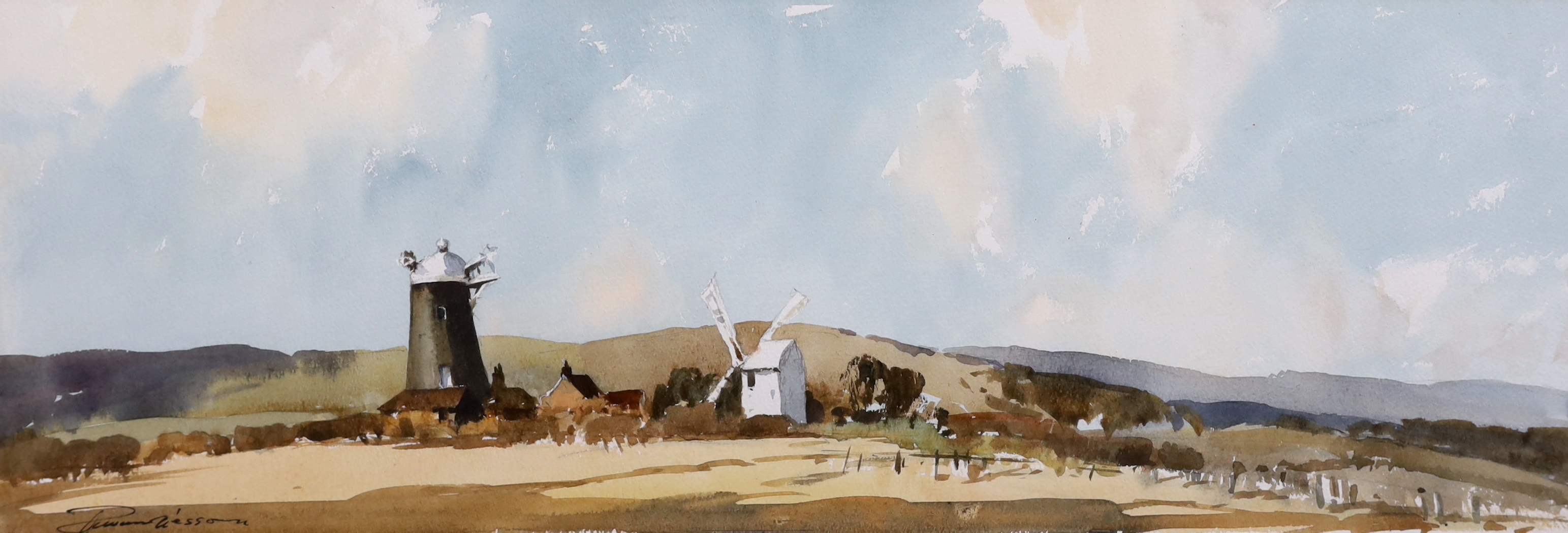 Edward Wesson RI RSMA (1910-1983), watercolour, 'A View of the Jack and Jill Mills at Clayton', signed, 23.5 x 68cm